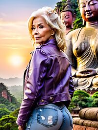 Elderly blonde woman 70 years old in tattered jeans at Leshan Giant Buddha