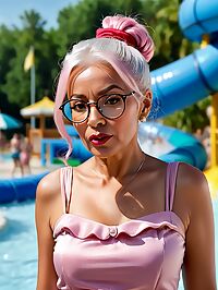 An elderly woman poses at a sunny outdoor waterpark in a pink dress
