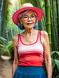 Elderly grandmother strolls through twilight bamboo forest in summer attire
