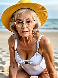 A toned elderly grandmother lounges in her beachwear at twilight