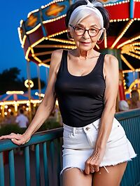 An elderly woman with red streaked black hair poses at twilight theme park entrance
