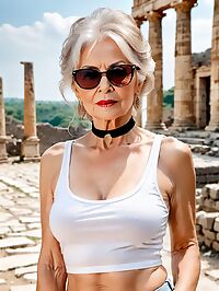 An elderly frail grandmother with hazel eyes poses in ruins wearing lingerie